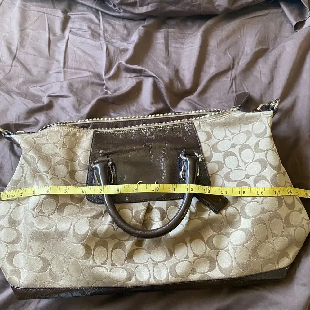 Coach tan canvas & patent leather cross body bag